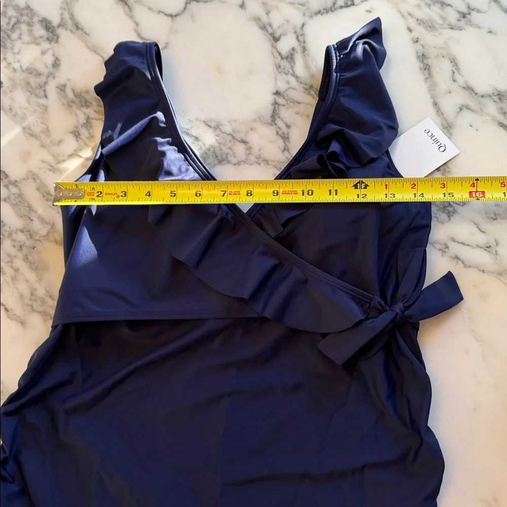 NWT Quince Italian Maternity One-Piece Ruffle Wrap Swimsuit Navy Blue Sz Large - Picture 7 of 11